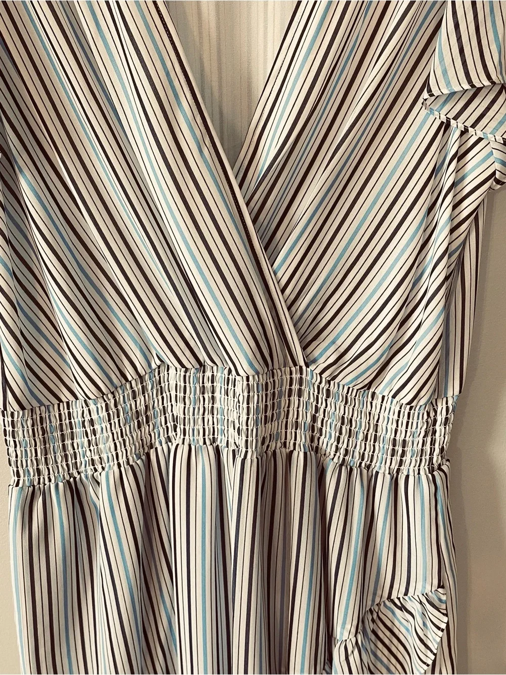 Michael Kors Smocked Wrap Dress Blue White Striped Size XL Flutter Sleeve Party